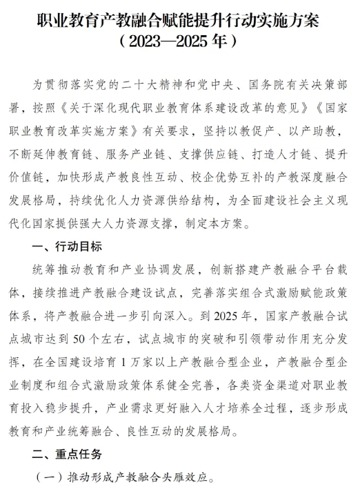 《職業(yè)教育產(chǎn)教融合賦能提升行動實(shí)施方案（2023—2025年）》的通知
